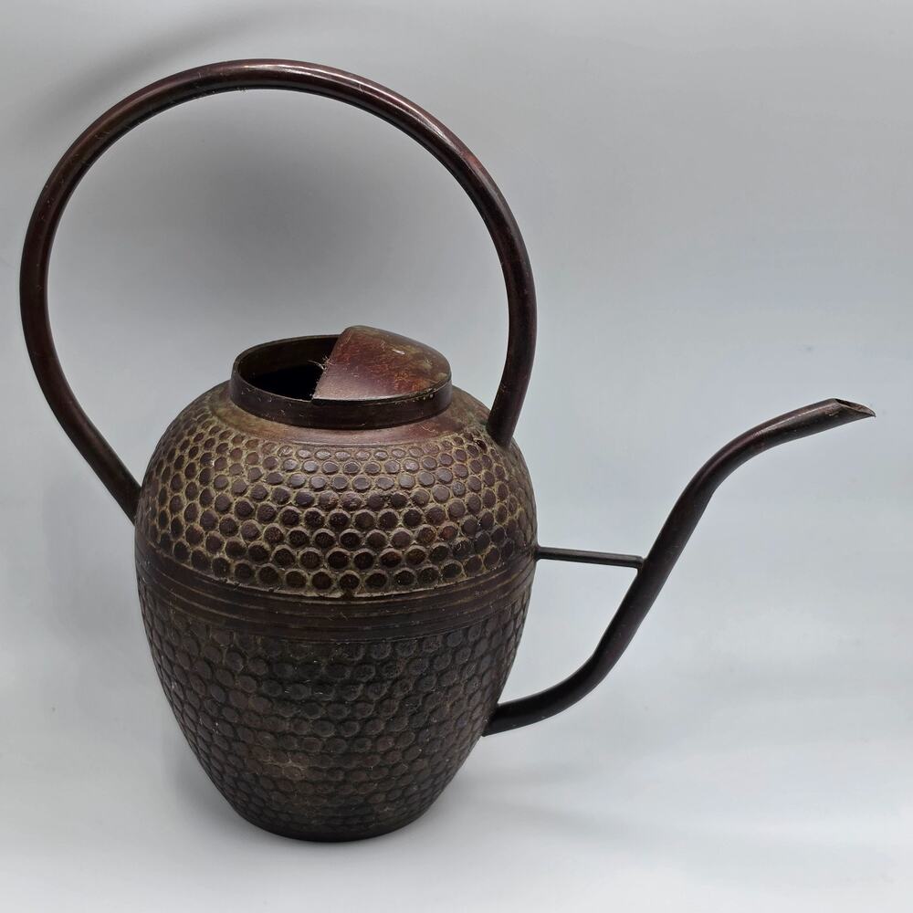 Vintage Style Metal Watering Can Brass Tone Verdigris Textured Decor 8" Heavy